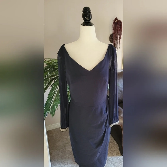 XSCAPE - SHEER LONG  SLEEVE DRESS-RHINESTONE CUFF - Picture 2 of 12